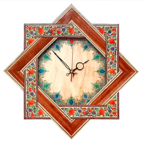 ساعت دیواری خاتم کاری طرح نقاشی گل و مرغ مدل تک