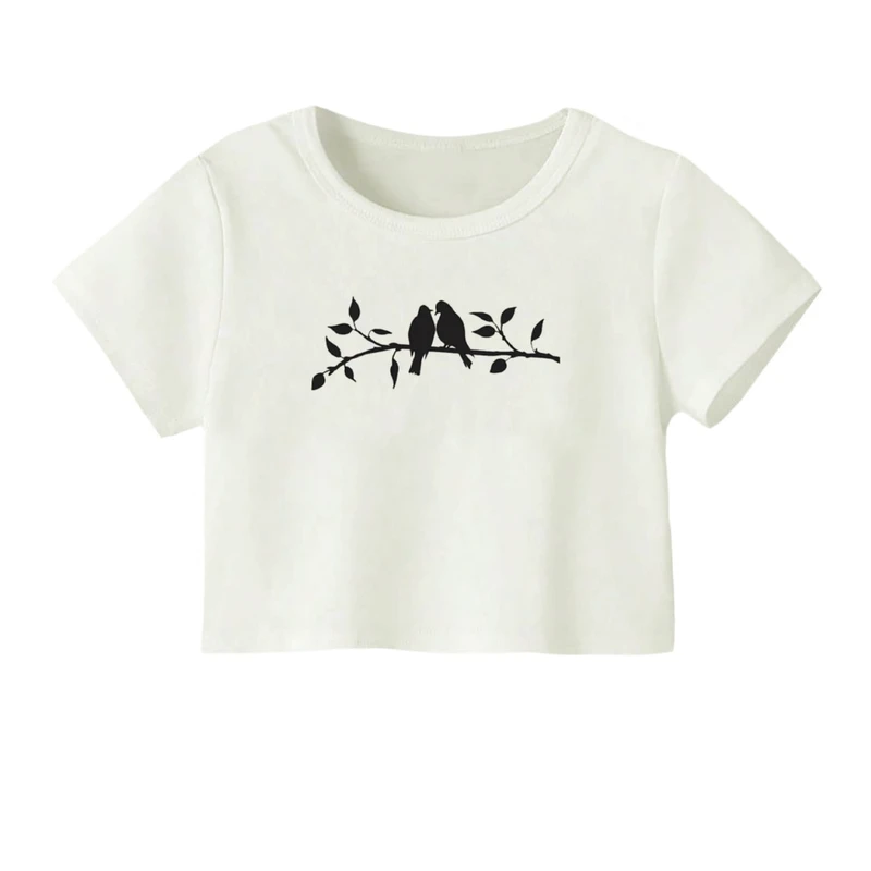 کراپ‌ تی‌شرت آستین کوتاه زنانه مدل پرنده و شاخه
