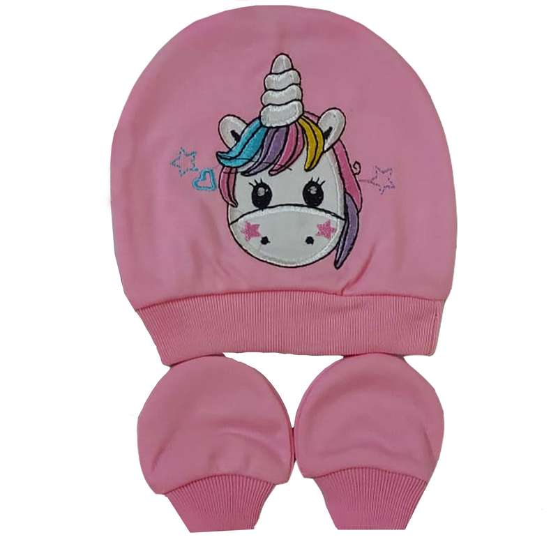 ست کلاه و دستکش نوزادی مدل اسب شاخدار رنگ صورتی
