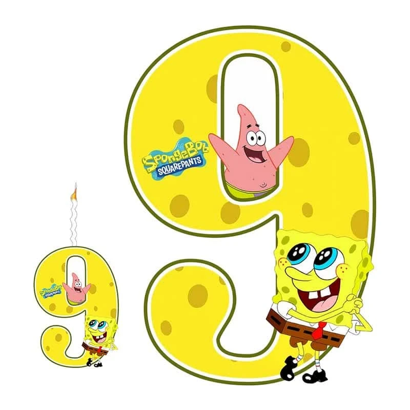   استند رومیزی تولد مدل عدد 9 طرح باب اسفنجی به همراه شمع مجموعه دوعددی