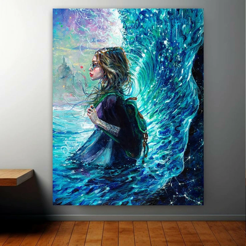 پوستر طرح مخمل مدل نقاشی دختر و موج دریا کد BK2241
