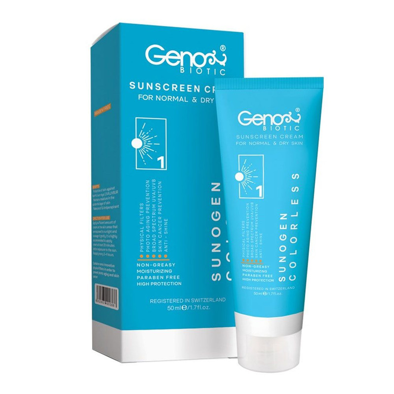 کرم ضد آفتاب بدون رنگ ژنوبایوتیک SPF 50 مدل 388 ‌مناسب پوست‌های خشک و معمولی حجم 50 میلی‌لیتر