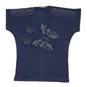 تی شرت آستین کوتاه زنانه مدل نگین دار طرح پروانه کد NBL4654