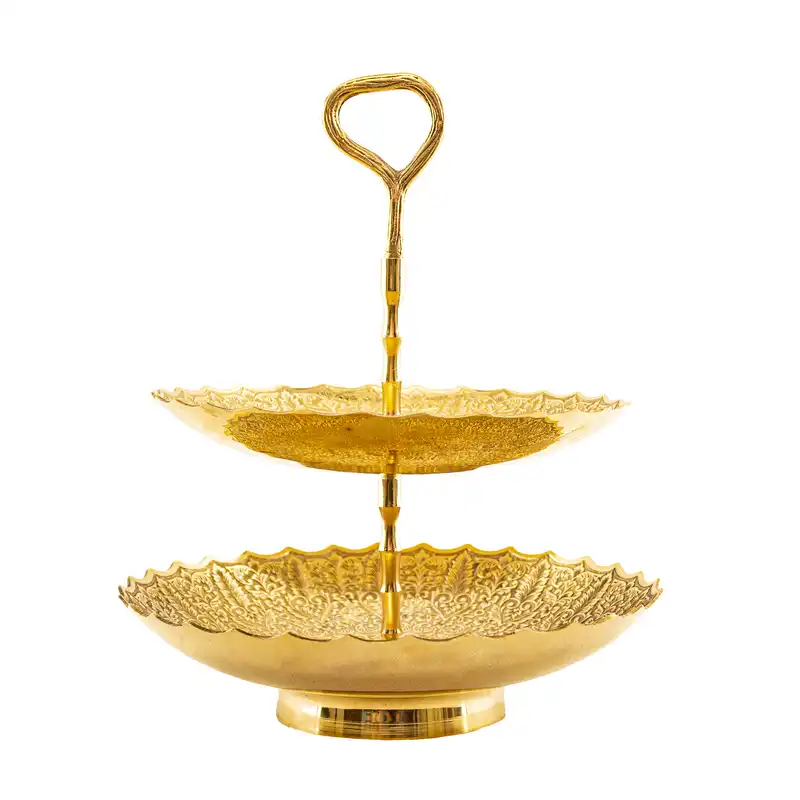 شیرینی خوری برنجی مدل  دوطبقه قلم زنی طرح انگور هندی کد 1183