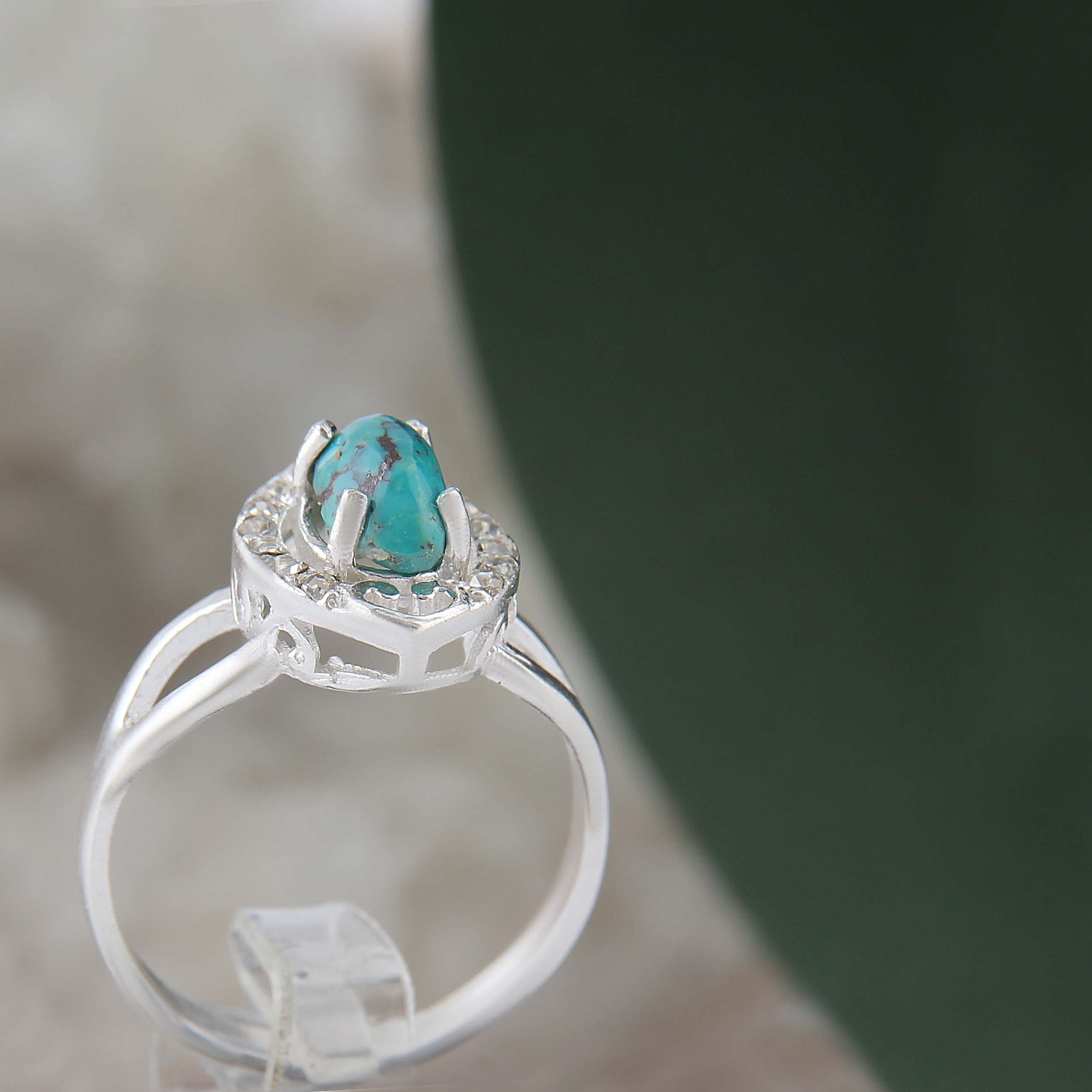 انگشتر نقره زنانه بازرگانی میلادی مدل رکاب مدرن سنگ فیروزه نگین برلیان کد AW_629