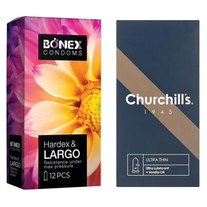 کاندوم چرچیلز مدل Ultra Thin بسته 12 عددی به همراه کاندوم بونکس مدل Hardex & Largo بسته 12 عددی 