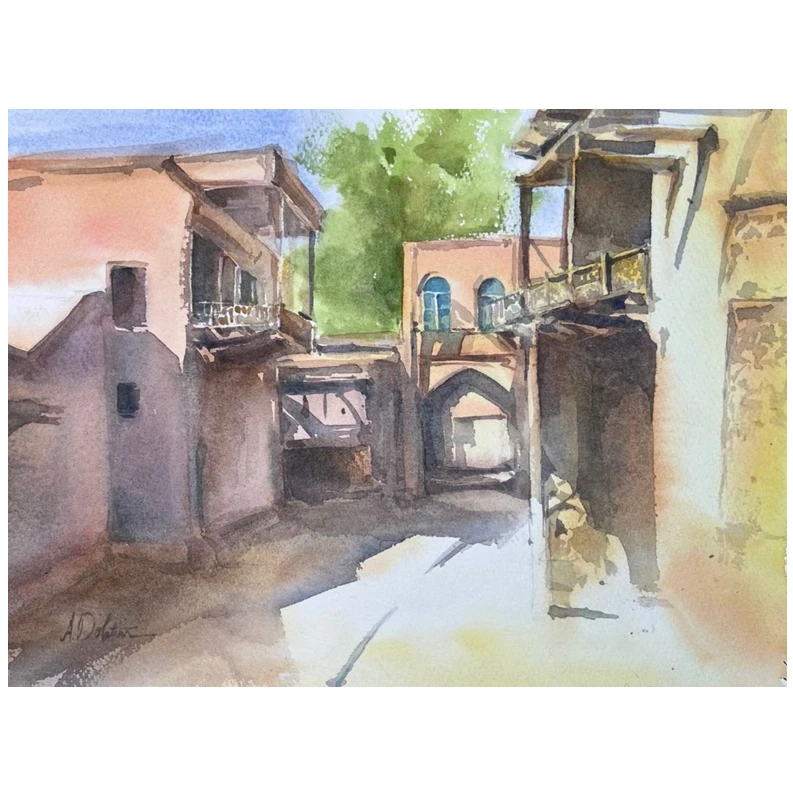نقاشی آبرنگ به سبک رئالیسم مدل کوچه قدیمی