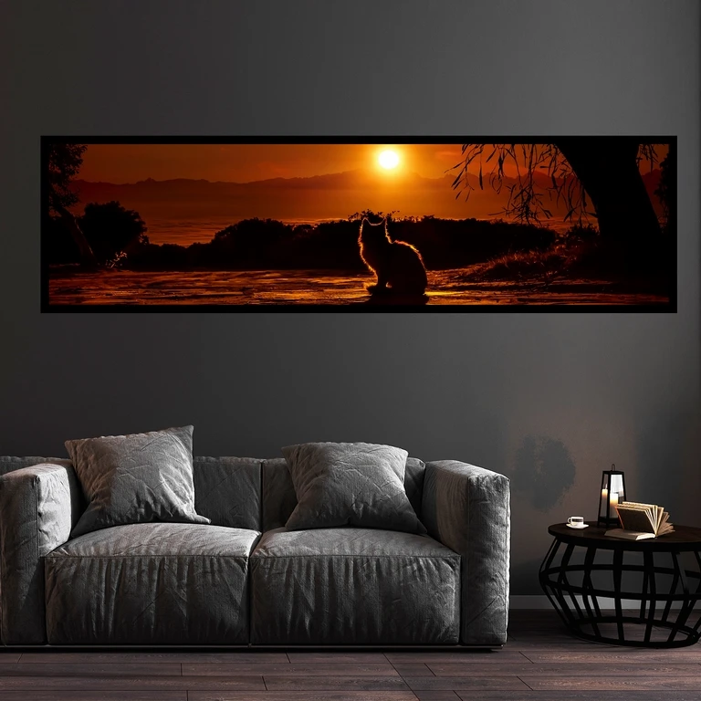 تابلو بکلیت طرح حیات وحش گربه و طلوع آفتاب مدل کشیده B-7338