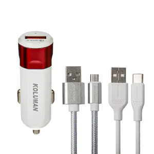 شارژر فندکی کلومن مدل KC - C01 به همراه کابل تبدیل USB-C و MICROUSB