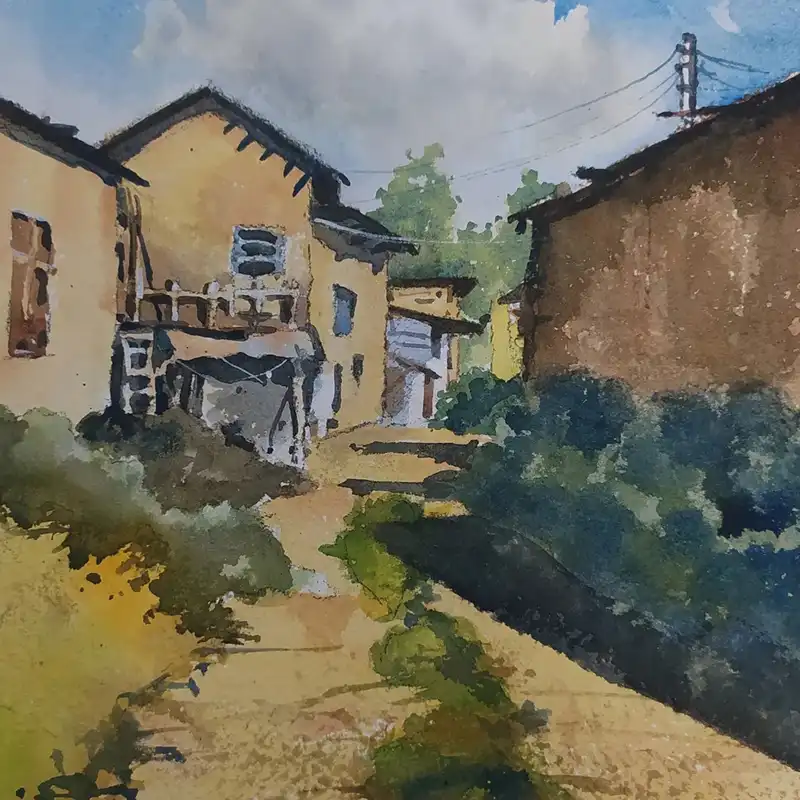 نقاشی آبرنگ طرح کوچه روستایی کد 96