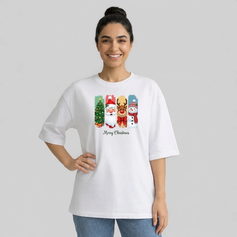 تی شرت آستین سه ربع زنانه مدل باکسی طرح کریسمسی کد p2