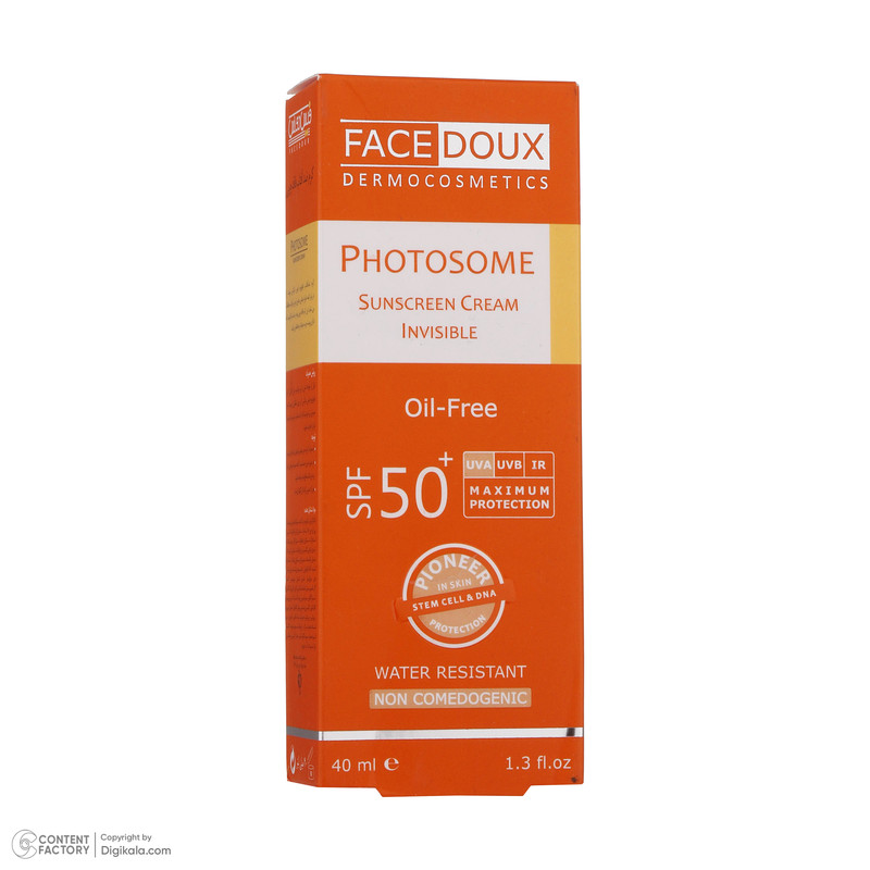 کرم ضد آفتاب بدون رنگ فیس دوکس SPF50 مدل Oil free محافظ UVA ،UVB، ضد آب، مناسب انواع پوست حجم 40 میلی‌لیتر