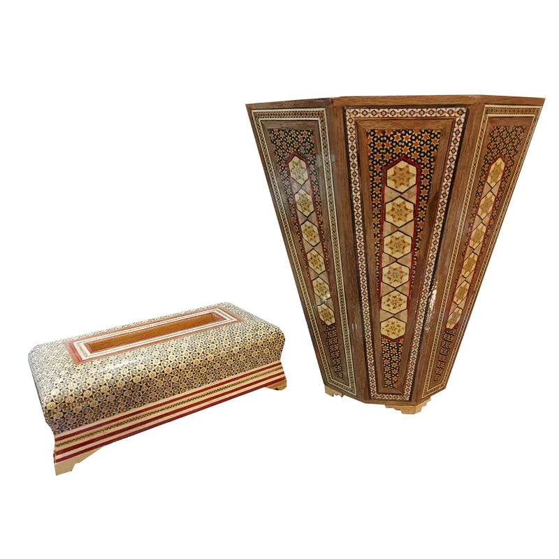 ست جعبه دستمال کاغذی و سطل خاتم کاری چوبی کد 548