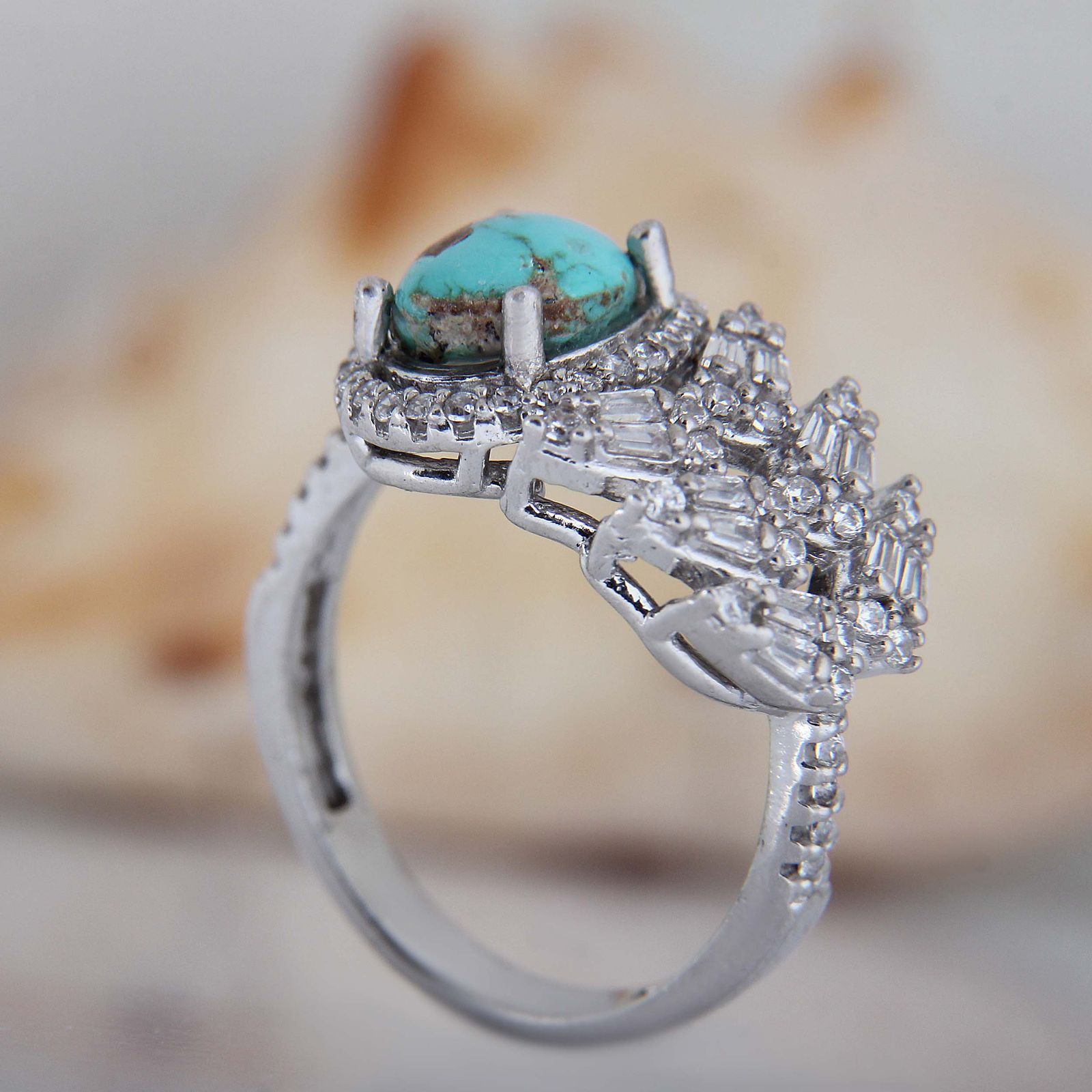 انگشتر نقره زنانه مدل فیروزه نیشابور مخراج برلیان آبکاری رادیوم کد AWR_1650 - - 6