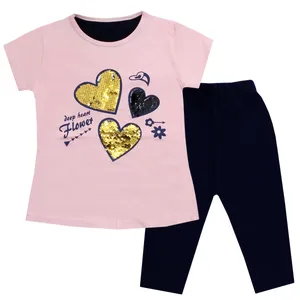 ست تی شرت و شلوارک دخترانه مدل قلب پولکی رنگ صورتی