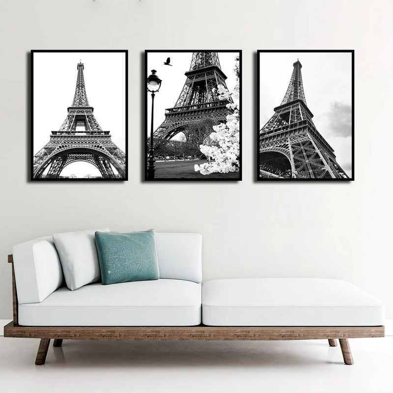 تابلو بکلیت طرح منظره برج ایفل مدل B-3909 فریم مشکی مجموعه 3 عددی