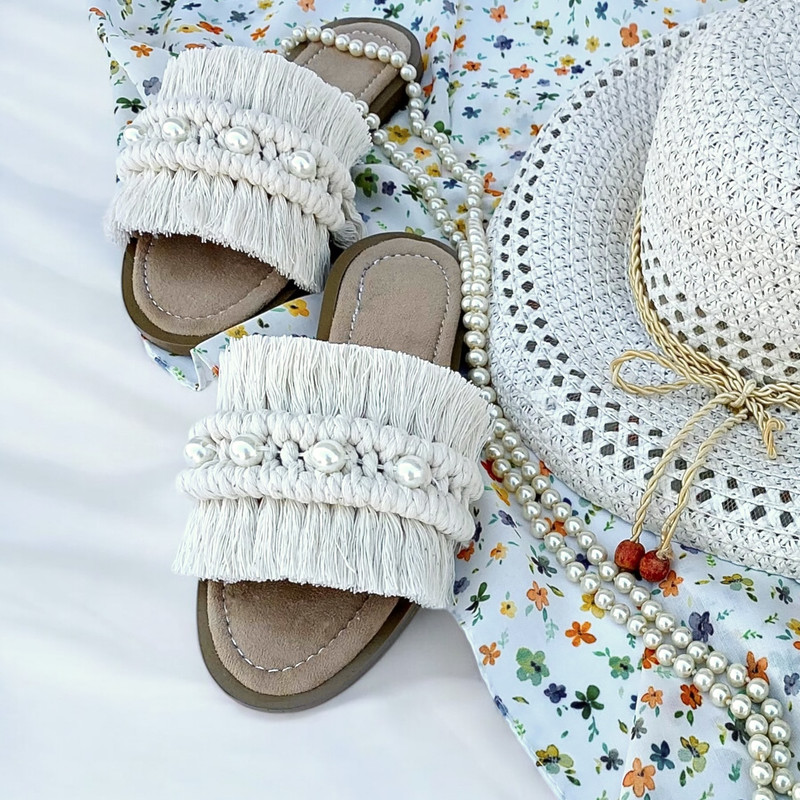 صندل زنانه مدل مکرومه رنگ کرم