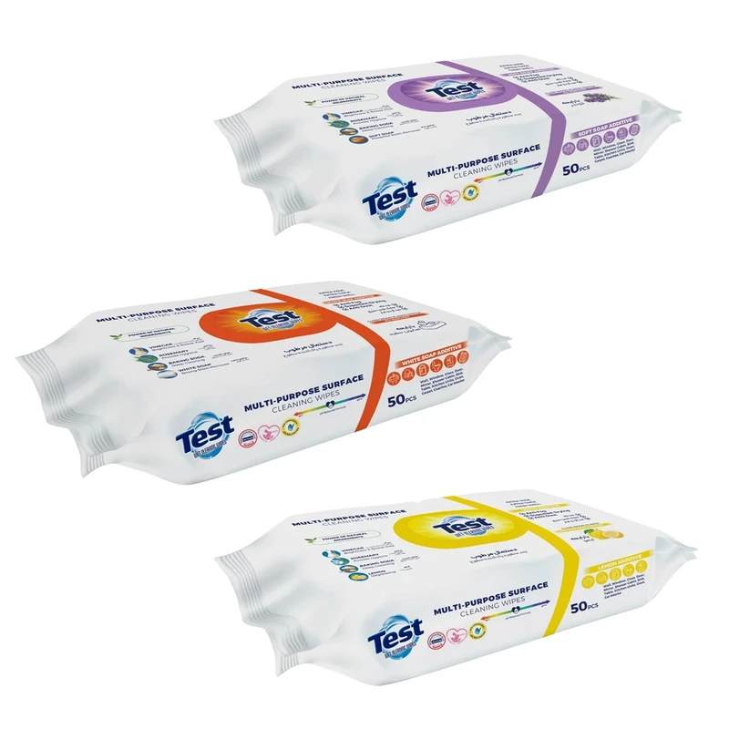 دستمال مرطوب تمیزکننده سطوح تست مدل لاوندر و صابون و لیمو .3 بسته 50 عددی