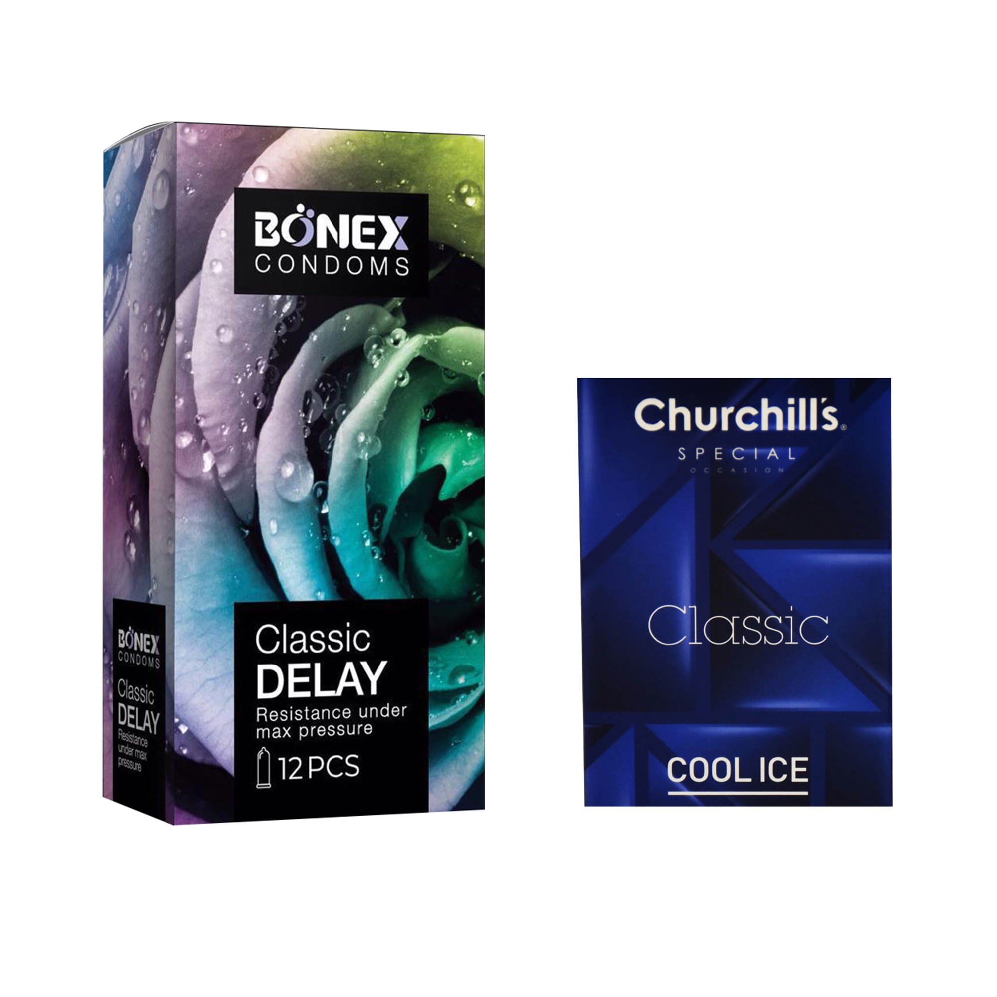 کاندوم بونکس مدل Classic Delay بسته 12 عددی به همراه کاندوم چرچیلز مدل Cool Ice بسته 3 عددی