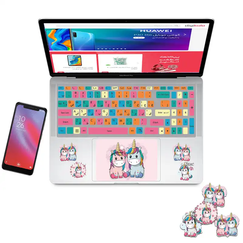 استیکر لپ تاپ مدل cute unicorn 06 مناسب برای لپ تاپ 15 تا 17 اینچ به همراه برچسب حروف فارسی کیبورد
