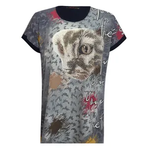 تی شرت آستین کوتاه زنانه مدل گربه نخی ویسکوز نگینی کد tm-2080