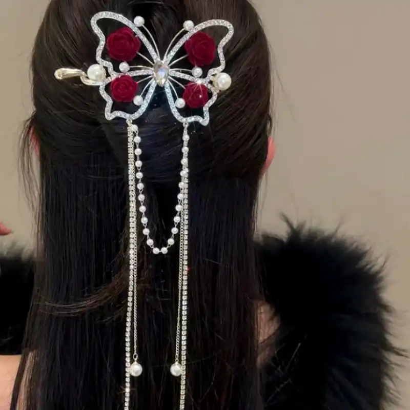 گیره مو زنانه مدل چفتی پروانه آویزدار رز کد brg 999