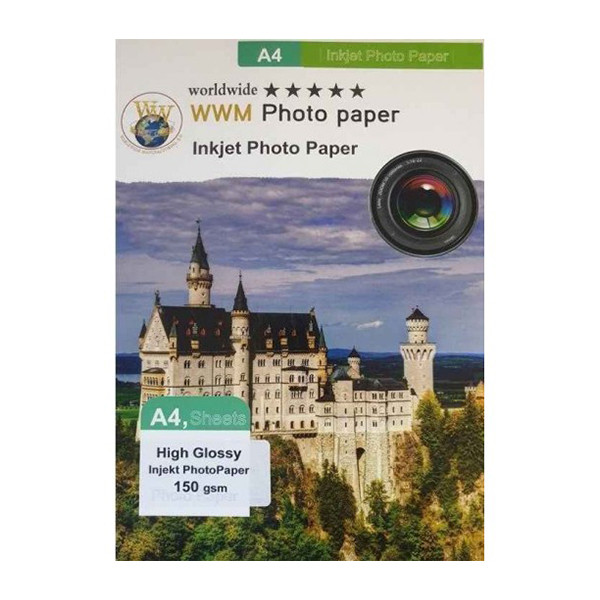 کاغذ چاپ عکس فتوگلاسه براق دبلیو دبلیو ام مدل 150 سایز A4 بسته 100 عددی