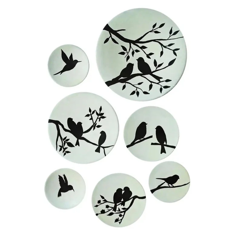 بشقاب دیوارکوب سفالی طرح پرنده کد G333 مجموعه 7 عددی