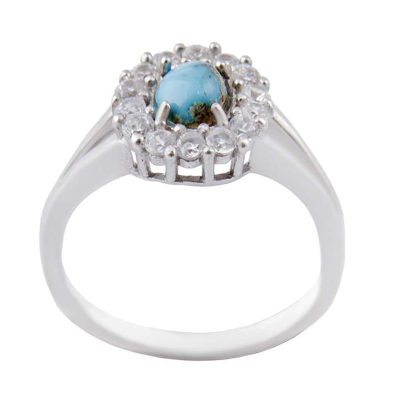 انگشتر نقره زنانه بازرگانی میلادی مدل سنگ فیروزه طبیعی نیشابور نگین برلیان بدون ریزش ابکاری رادیوم کد AWR_1594