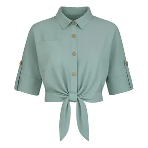 کراپ شومیز آستین سه ربع یقه برگردان زنانه مدل P4003