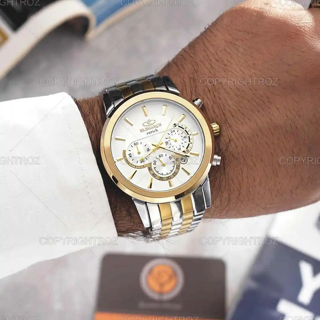 ست ساعت مچی عقربه ای  زنانه و مردانه الگانس مدل سه موتور فعال کرنوگراف بند استیل103