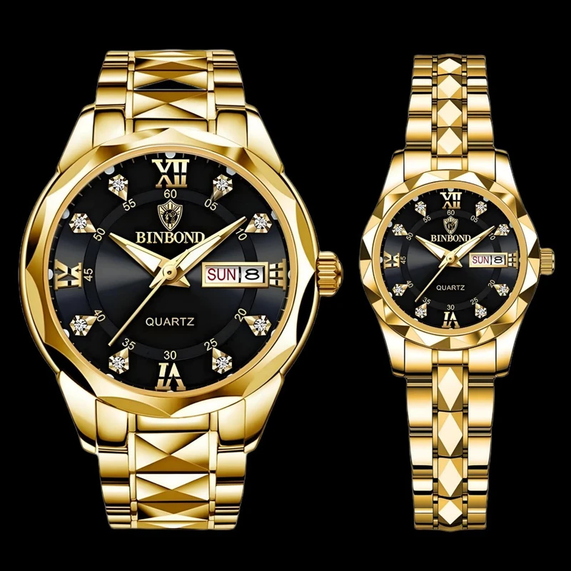 ست ساعت مچی عقربه‌ای کوارتز زنانه و مردانه بین باند مدل تک موتور طرح الماسی کد 102