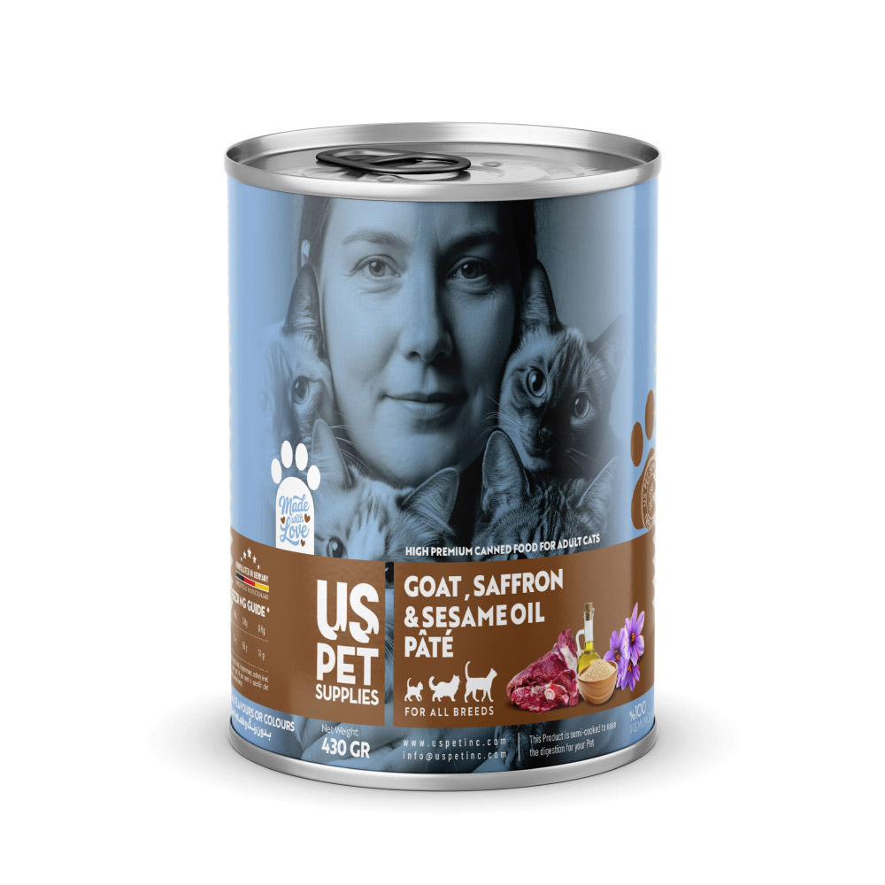 کنسرو غذای گربه بالغ یو اس پت مدل های‌پریمیوم طعم گوشت بز، زعفران و روغن کنجد وزن 430 گرم