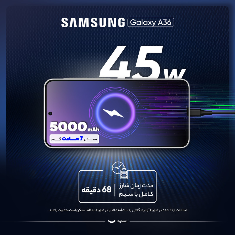 گوشی موبایل سامسونگ مدل Galaxy A36 دو سیم کارت ظرفیت 128 گیگابایت و رم 8 گیگابایت - ویتنام - به همراه شارژر 45 وات سامسونگ، 2 عدد قاب و 1 عدد محافظ صفحه نمایش