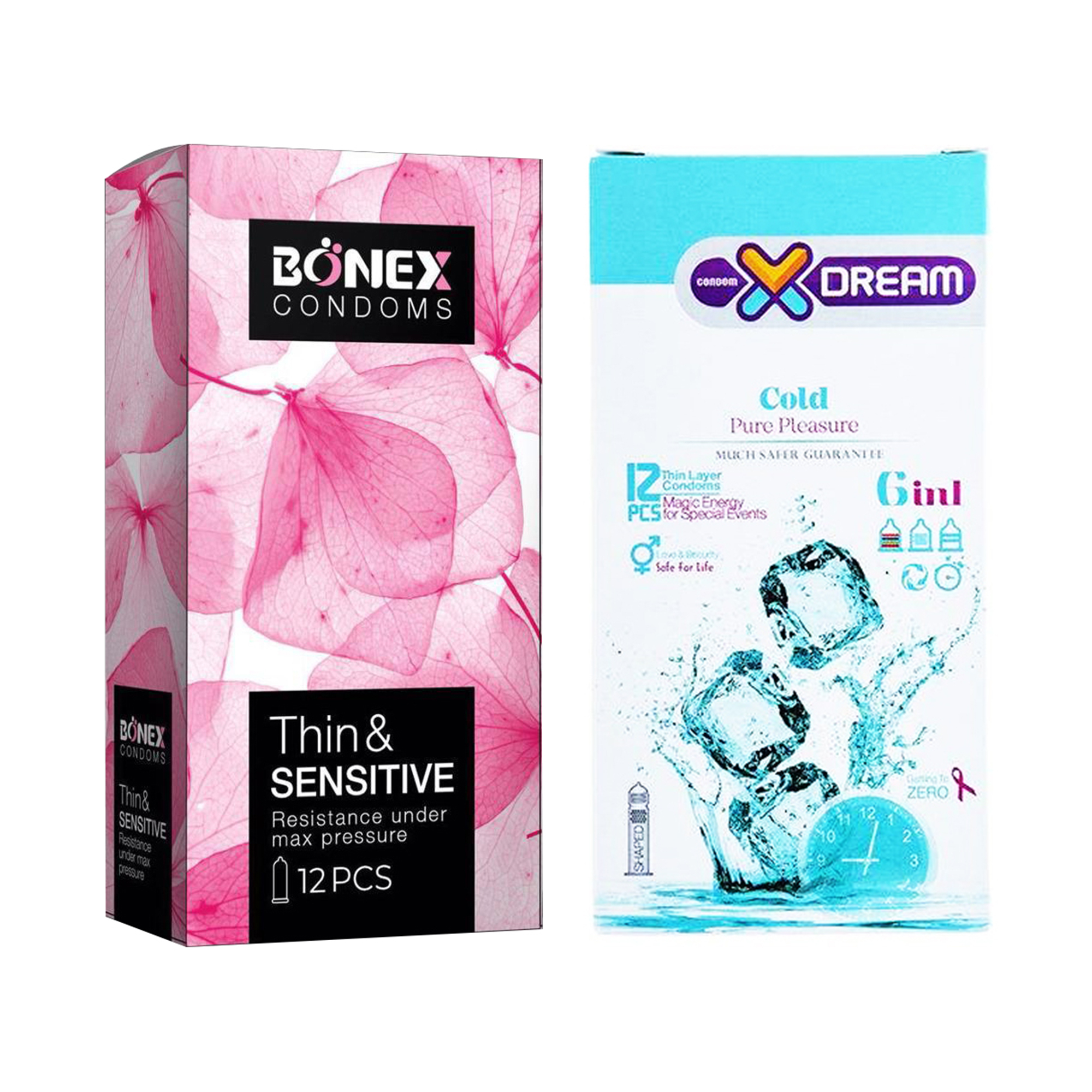 کاندوم بونکس مدل Thin & Sensitive بسته 12 عددی به همراه کاندوم ایکس دریم مدل Cold بسته 12 عددی