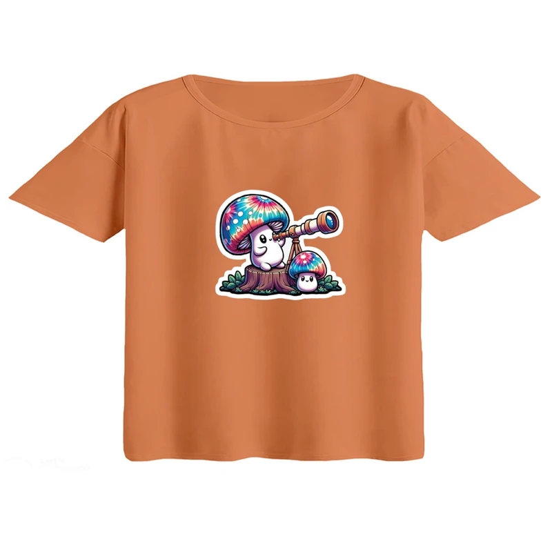 کراپ تی‌شرت آستین کوتاه زنانه مدل قارچ رنگی کد01 رنگ گلبهی