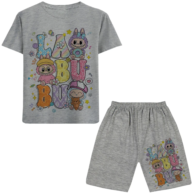 ست تی شرت آستین کوتاه و شلوارک راحتی دخترانه مدل A145 LABUBU