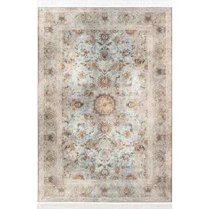 فرش ماشینی 1200 شانه محتشم زمینه و حاشیه آبی مدل پتینه