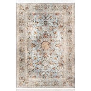 فرش ماشینی 1200 شانه محتشم زمینه و حاشیه آبی مدل پتینه