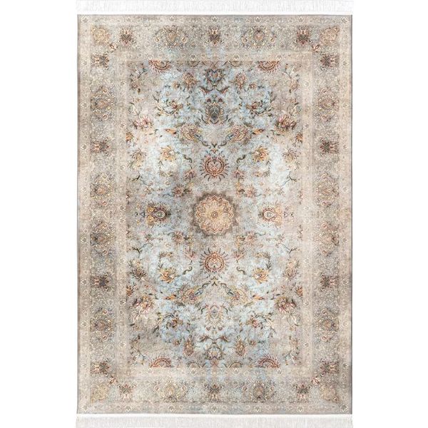 فرش ماشینی 1200 شانه محتشم زمینه و حاشیه آبی مدل پتینه