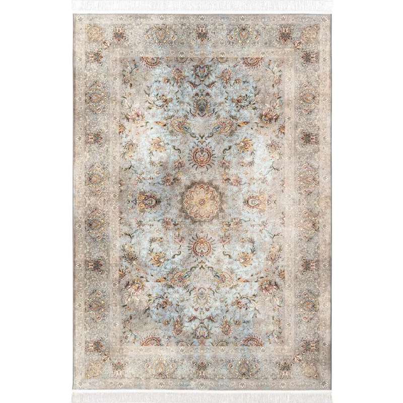 فرش ماشینی 1200 شانه محتشم زمینه و حاشیه آبی مدل پتینه