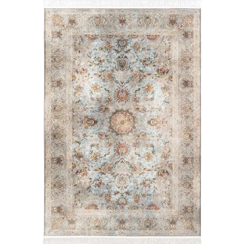 فرش ماشینی 1200 شانه محتشم زمینه و حاشیه آبی مدل پتینه