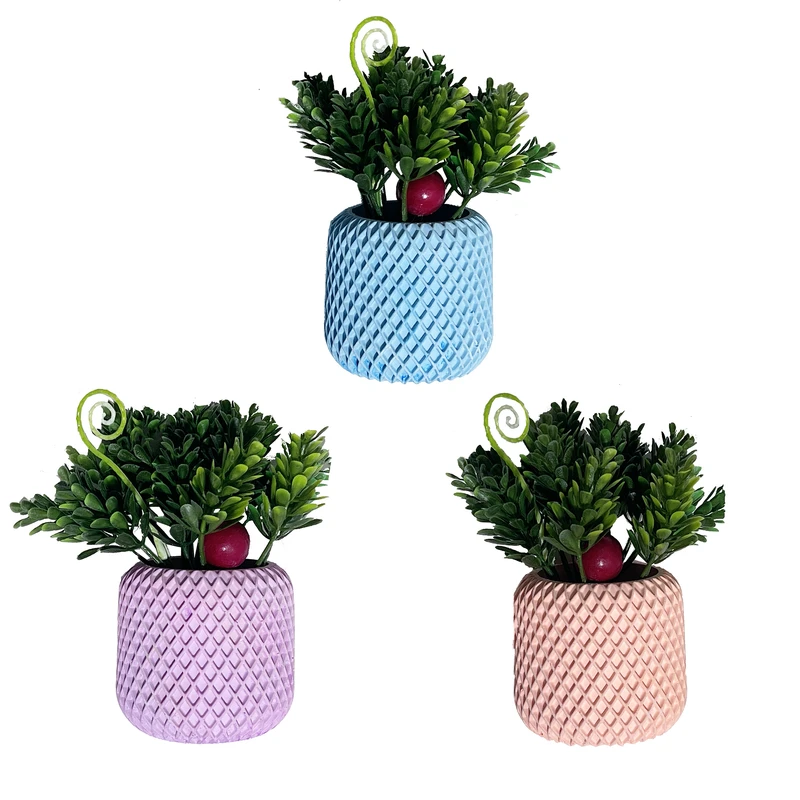 گلدان به همراه گل مصنوعی مدل زنبوری کاج و گیلاس مجموعه 3 عددی