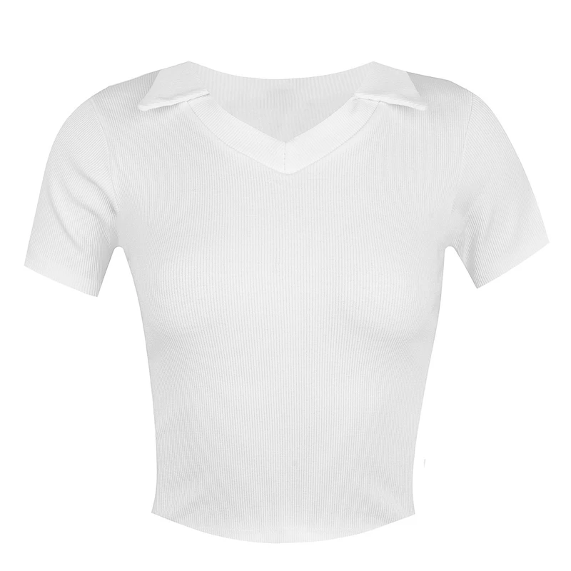 کراپ‌ تی‌شرت آستین کوتاه زنانه مدل کش کبریتی پنبه یقه هفت شکاری 1022