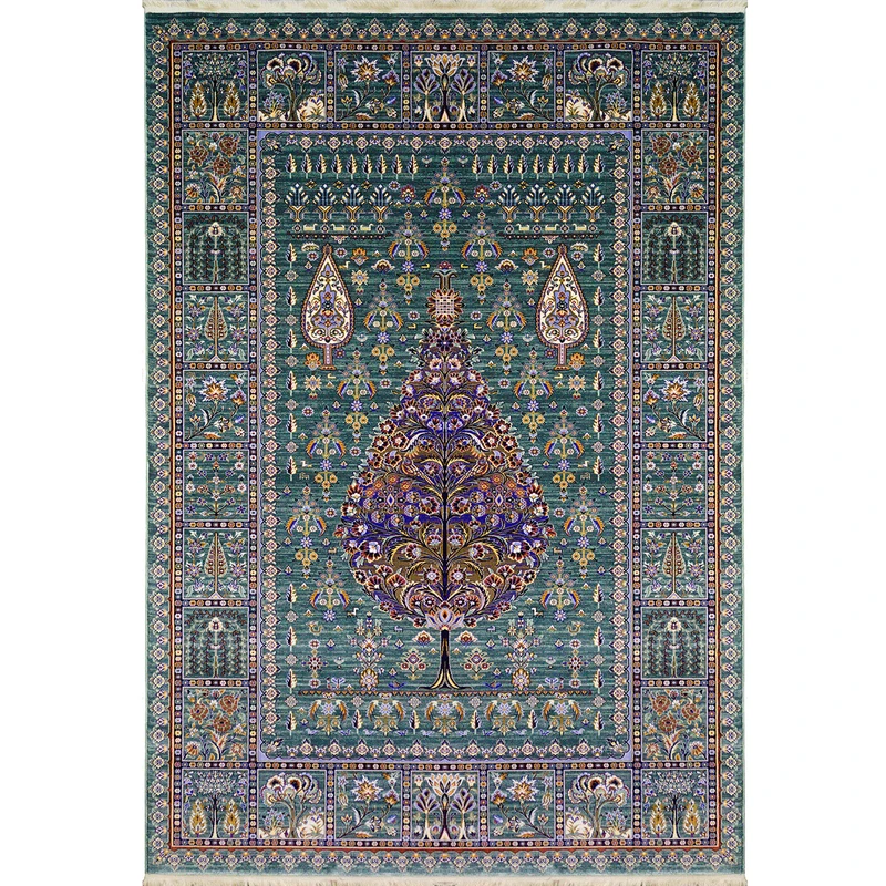 فرش ماشینی 500 شانه رادین زمینه و حاشیه  یشمی طرح سرو مدل خاتون