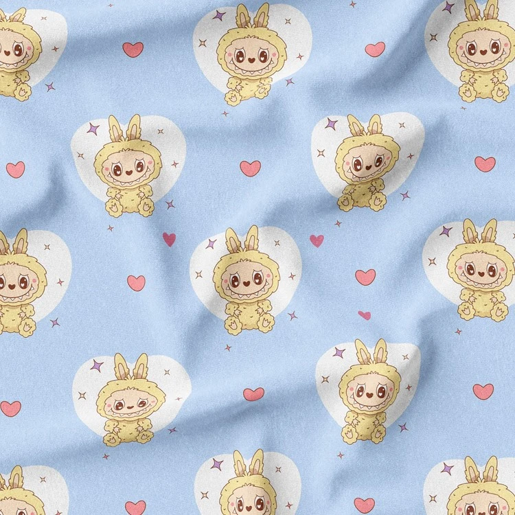 پارچه ملحفه عرض 1.5 متر پارچه باما طرح لبوبو کیوت کد 5014725 رنگ آبی