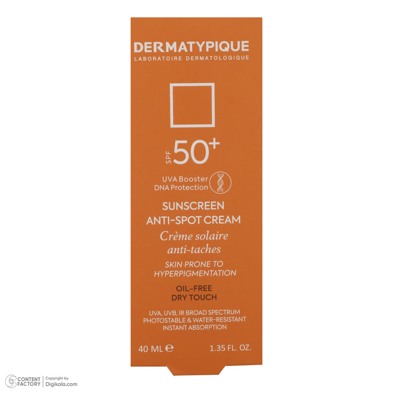 کرم ضد آفتاب بدون رنگ درماتیپیک، SPF50، مدل Anti spot، مناسب پوست کدر و مستعد لک و حجم 40 میلی‌لیتر، محافظت کننده در برابر اشعه UVAو UVB، ضد آب، بدون اثر سفیدی بر روی پوست، روشن‌کننده، ضد لک، با ماندگاری 2 ساعته