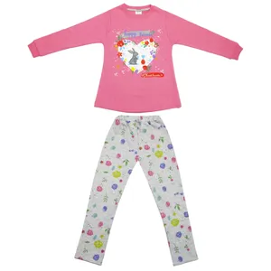 ست تی شرت آستین بلند و شلوار دخترانه مدل قلب رنگ صورتی