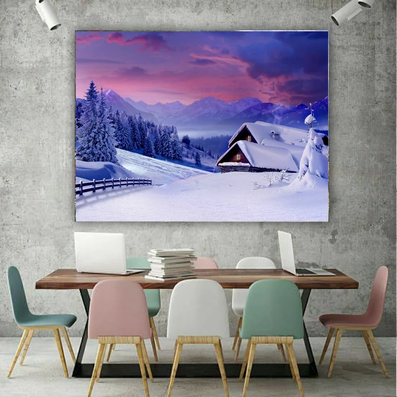 تابلو بوم طرح مخمل کلبه برفی در طبیعت کد AR303732