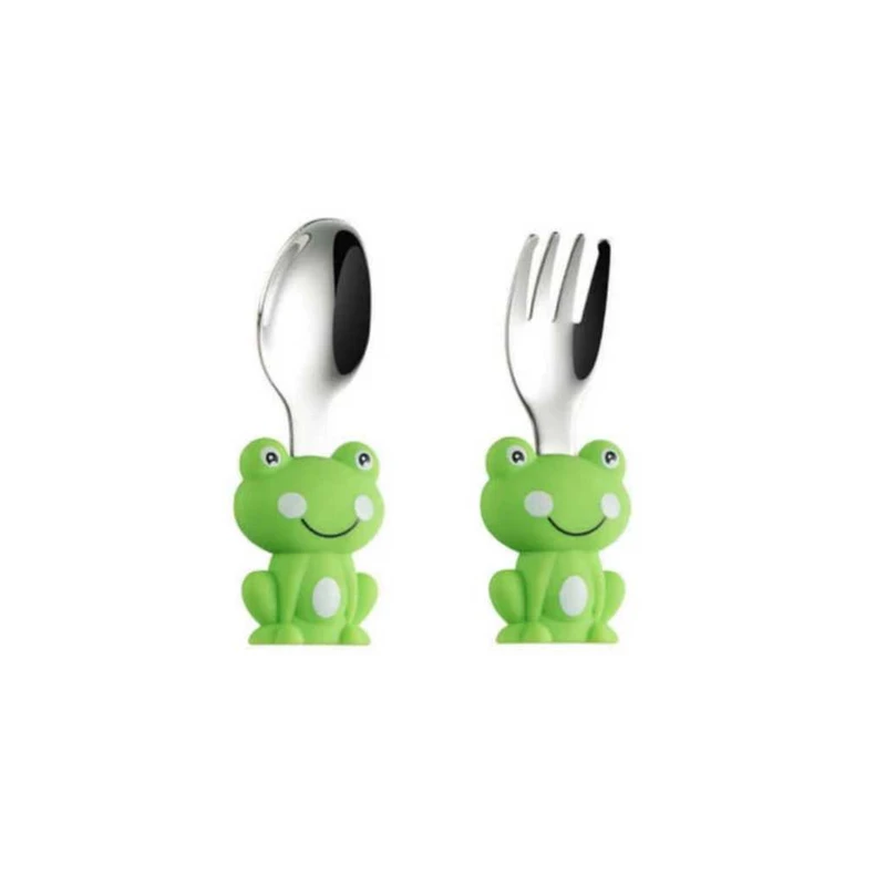 ست قاشق و چنگال کودک مدل قورباغه سیلیکونی مجموعه 2 عددی 